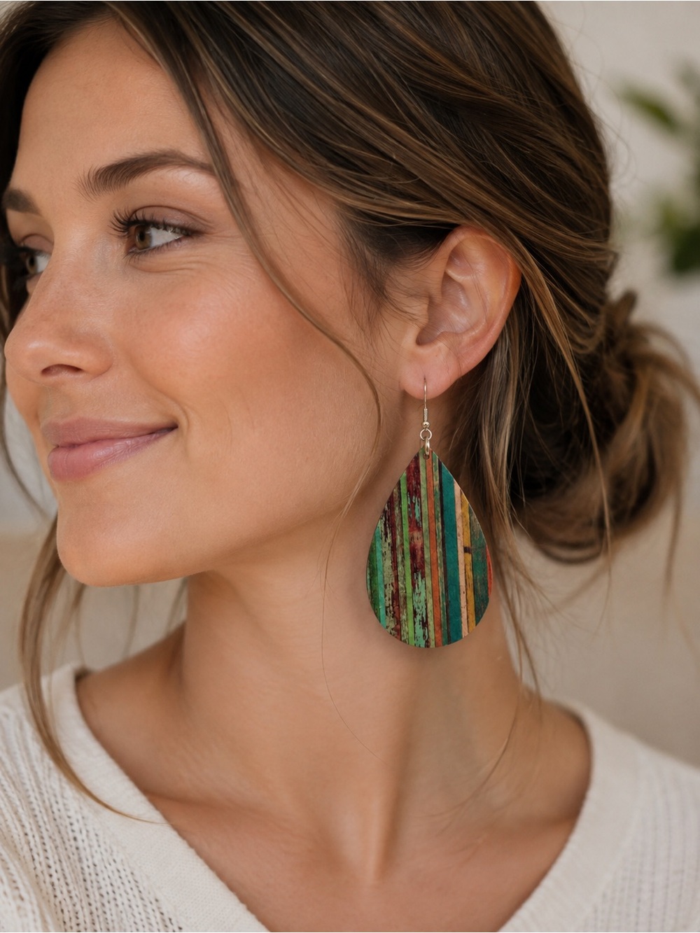Amazon Teal Multicolor Striped Teardrop Wood Earrings